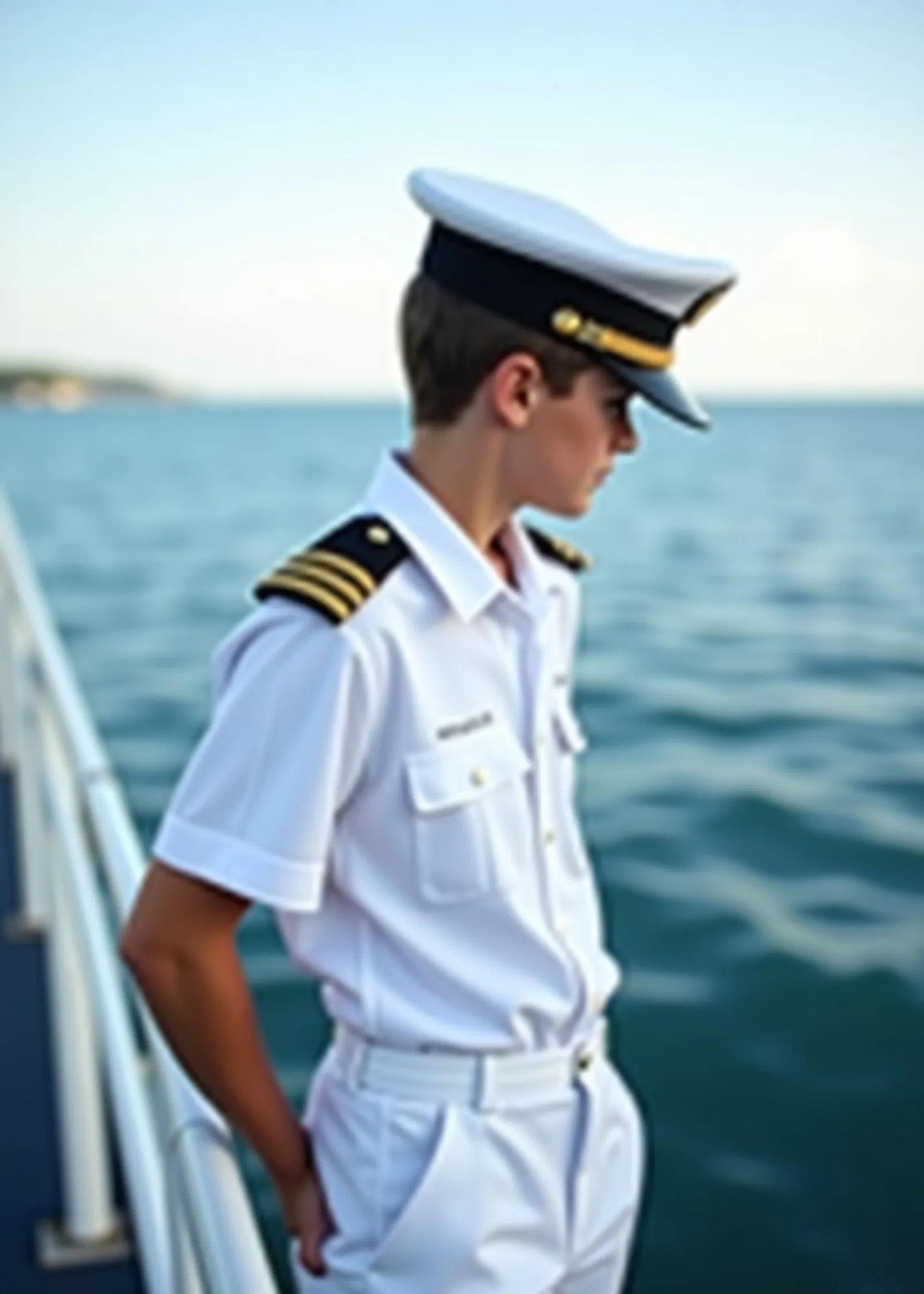 Young deck cadet in a white uniform with epaulettes on a bridge wing looking toward a calm horizon