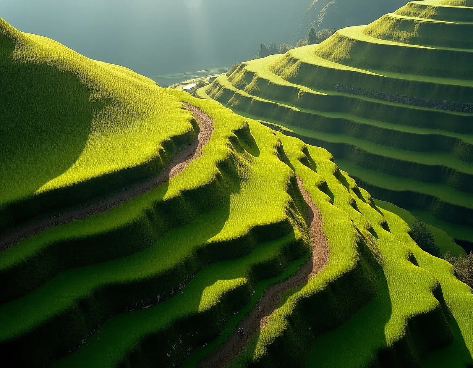 Aerial view of moss green terraced hillside with clay coloured soil paths following the contours