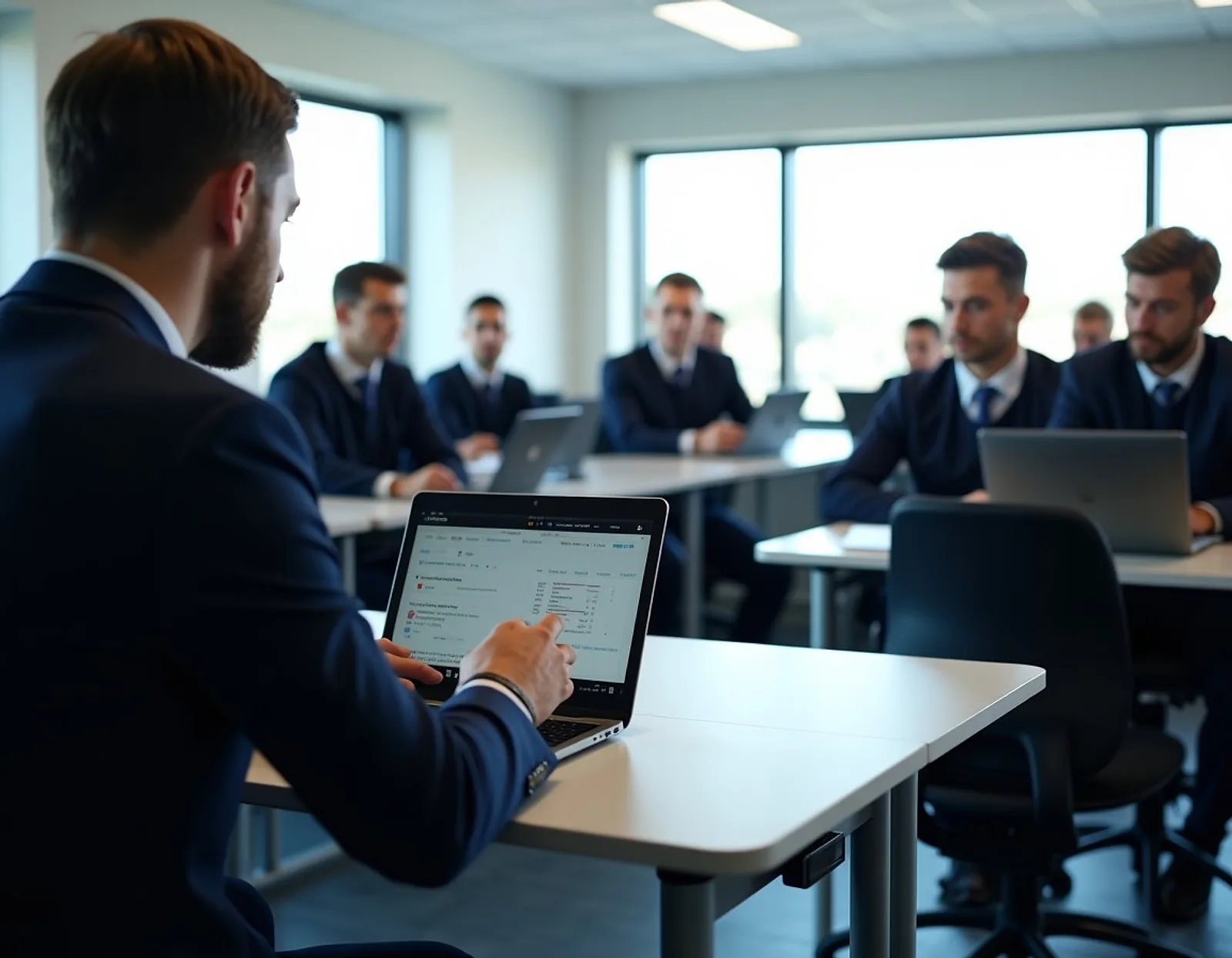 Bright classroom with maritime trainees at desks with laptops listening to an instructor beside a large window